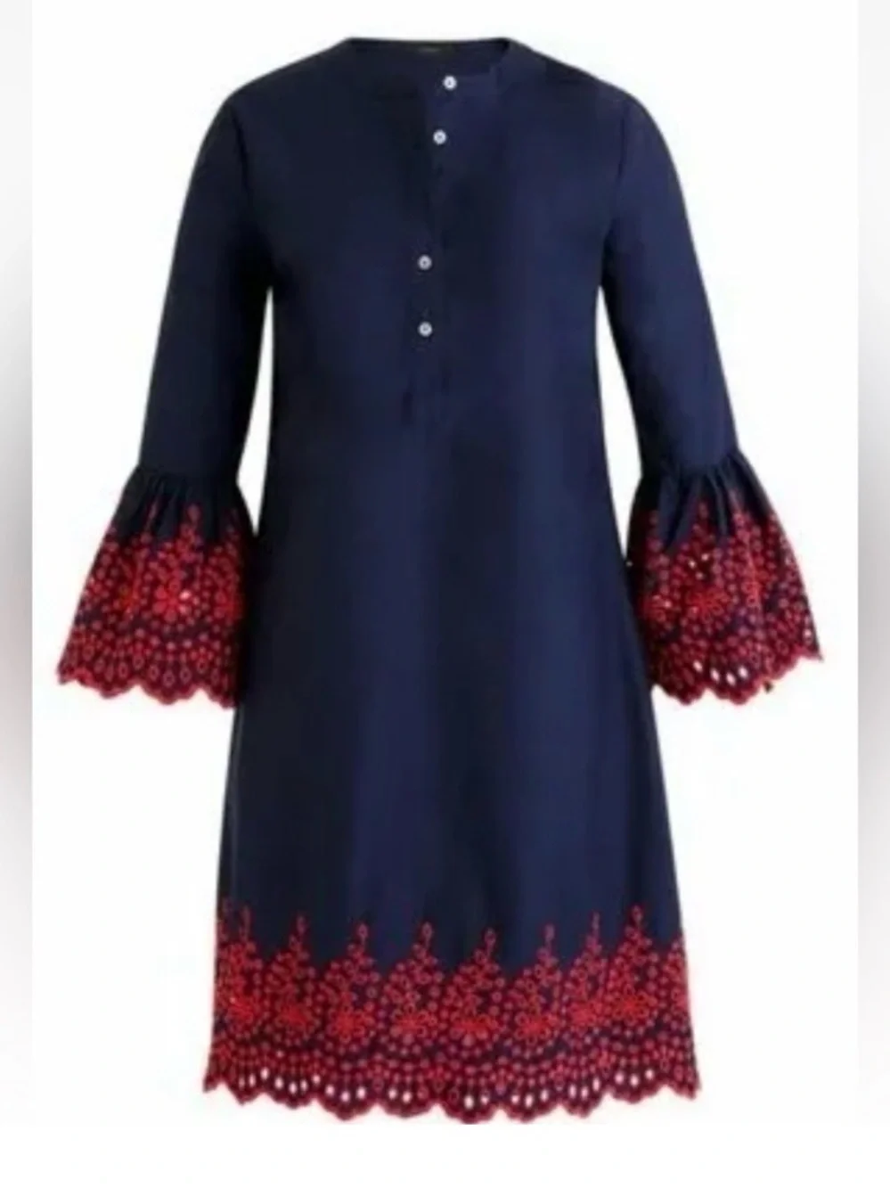 J. Crew Midi Dress Medium Embroidered Eyelet Bell Long Sleeve Navy Blue